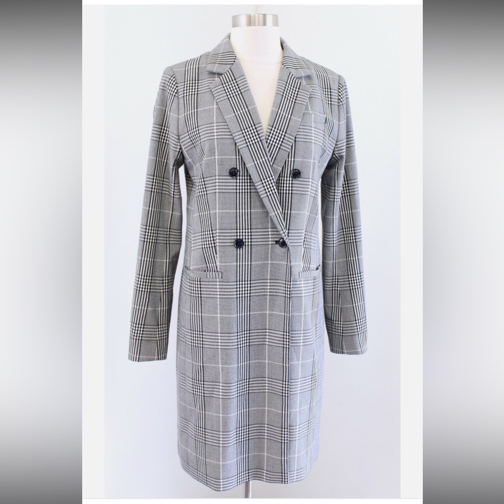 Banana Republic Gray Black White Plaid Double Breasted Topper Jacket